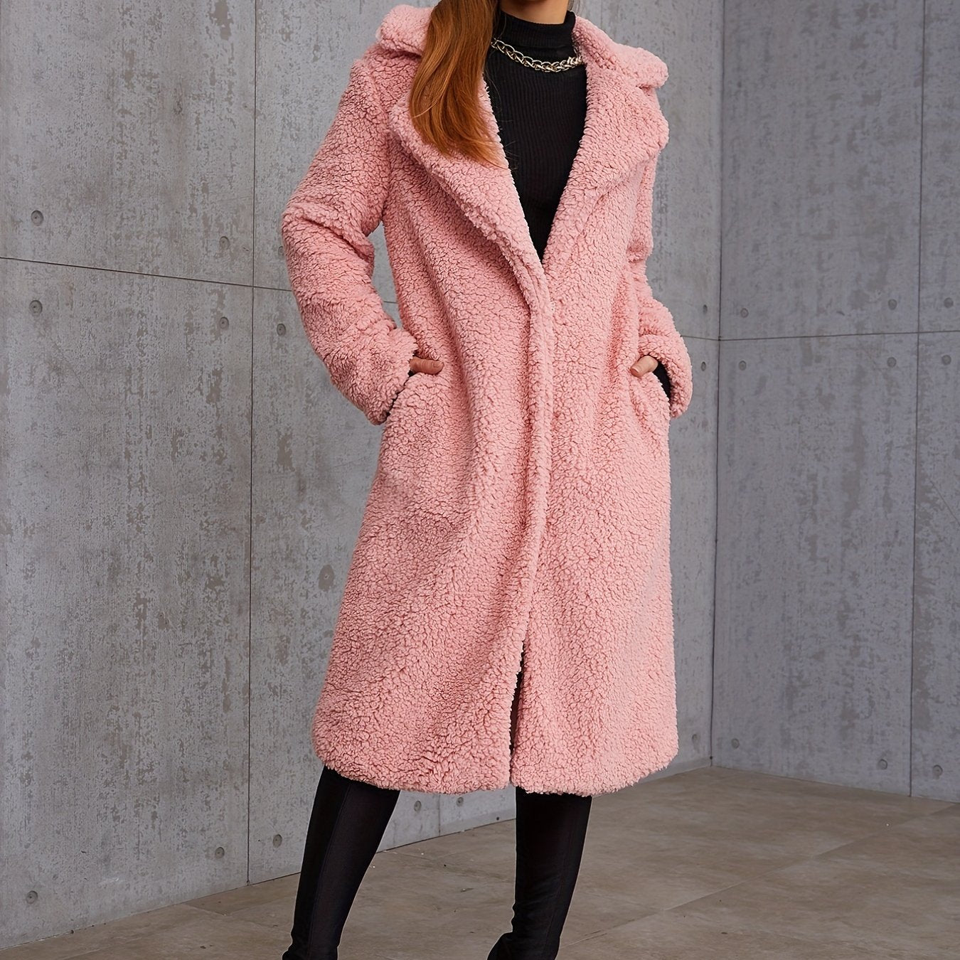 Women's Plush Winter Coat with Elegant Lapel Neck and Long Sleeves