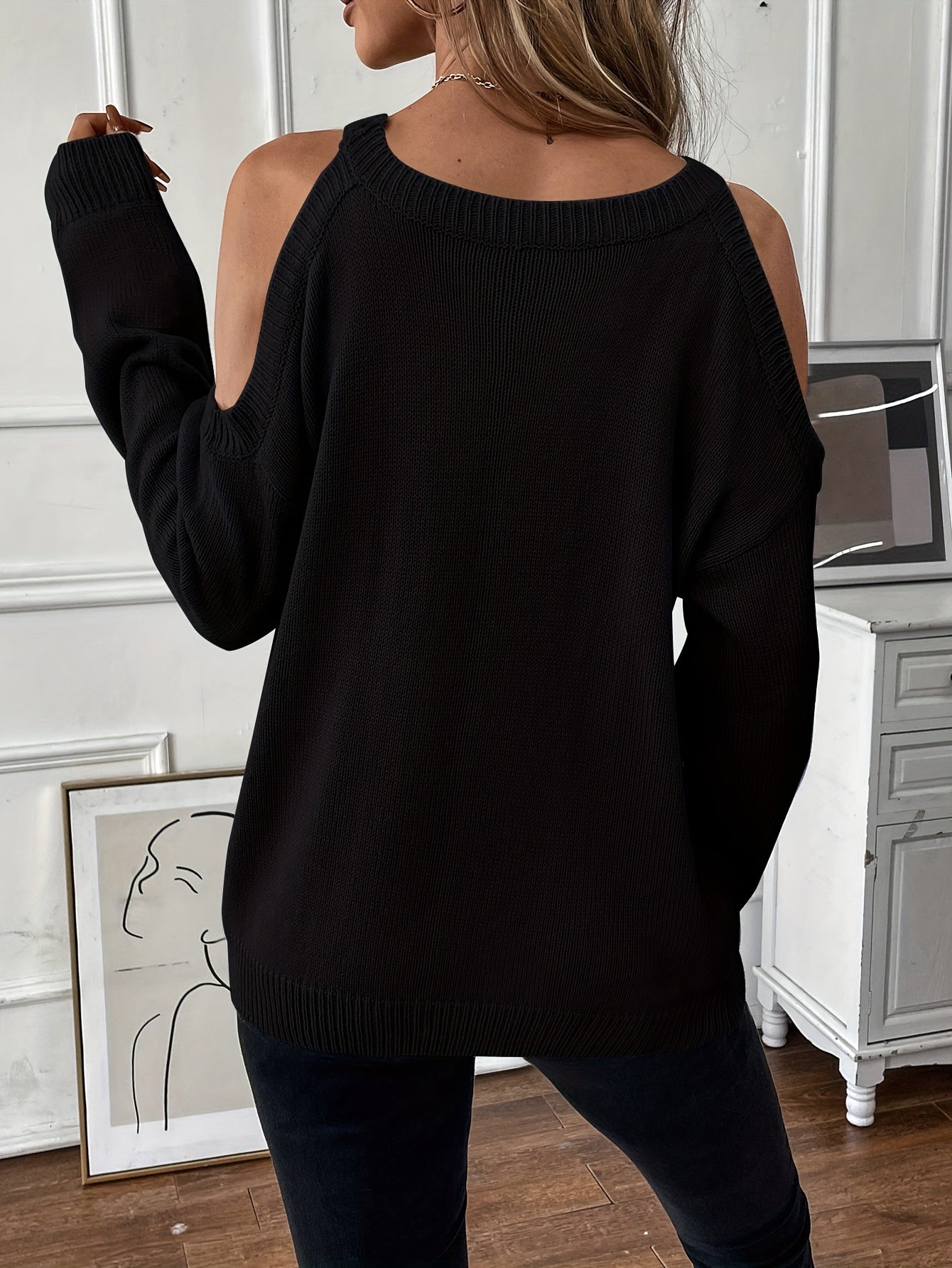 1pc Women'S Knit Pullover Sweater, Round Neck, Shoulder Detail, Solid Color, Acrylic Blend, 277g/m² Fabric Weight, for Autumn/Winter Season