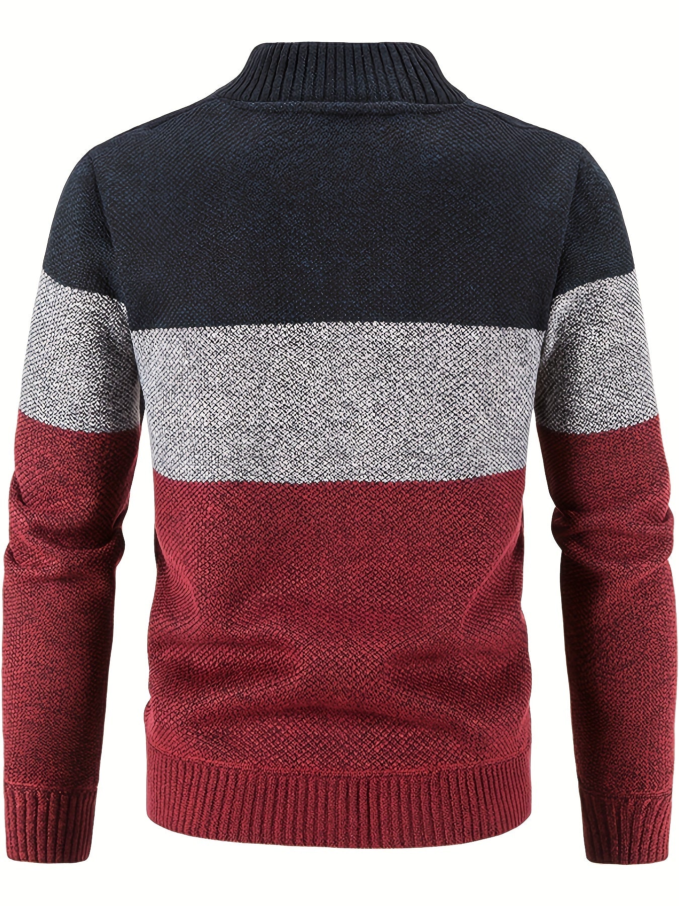 Men'S Casual High Neck Fleece Jacket, Color Block Knit Polyester Cardigan, Mid Stretch Zip-Up Fall/Winter Outerwear, Regular Fit with Placket Closure, Thick