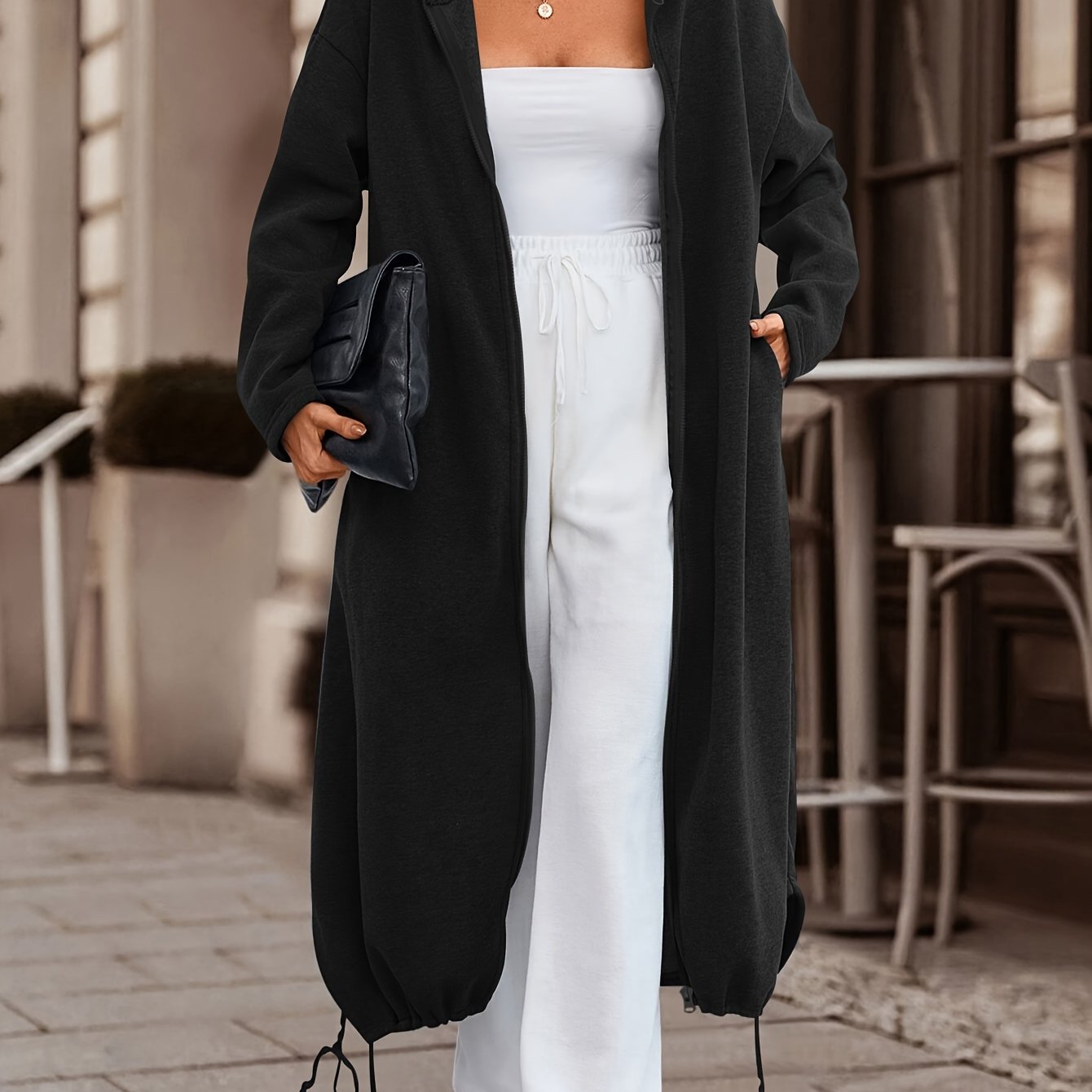 'S Popular Women'S Fashion for Autumn And Winter Features a Stylish, Casual, Solid-Colored, Thick Long Coat with a Zip-Up Hoodie.
