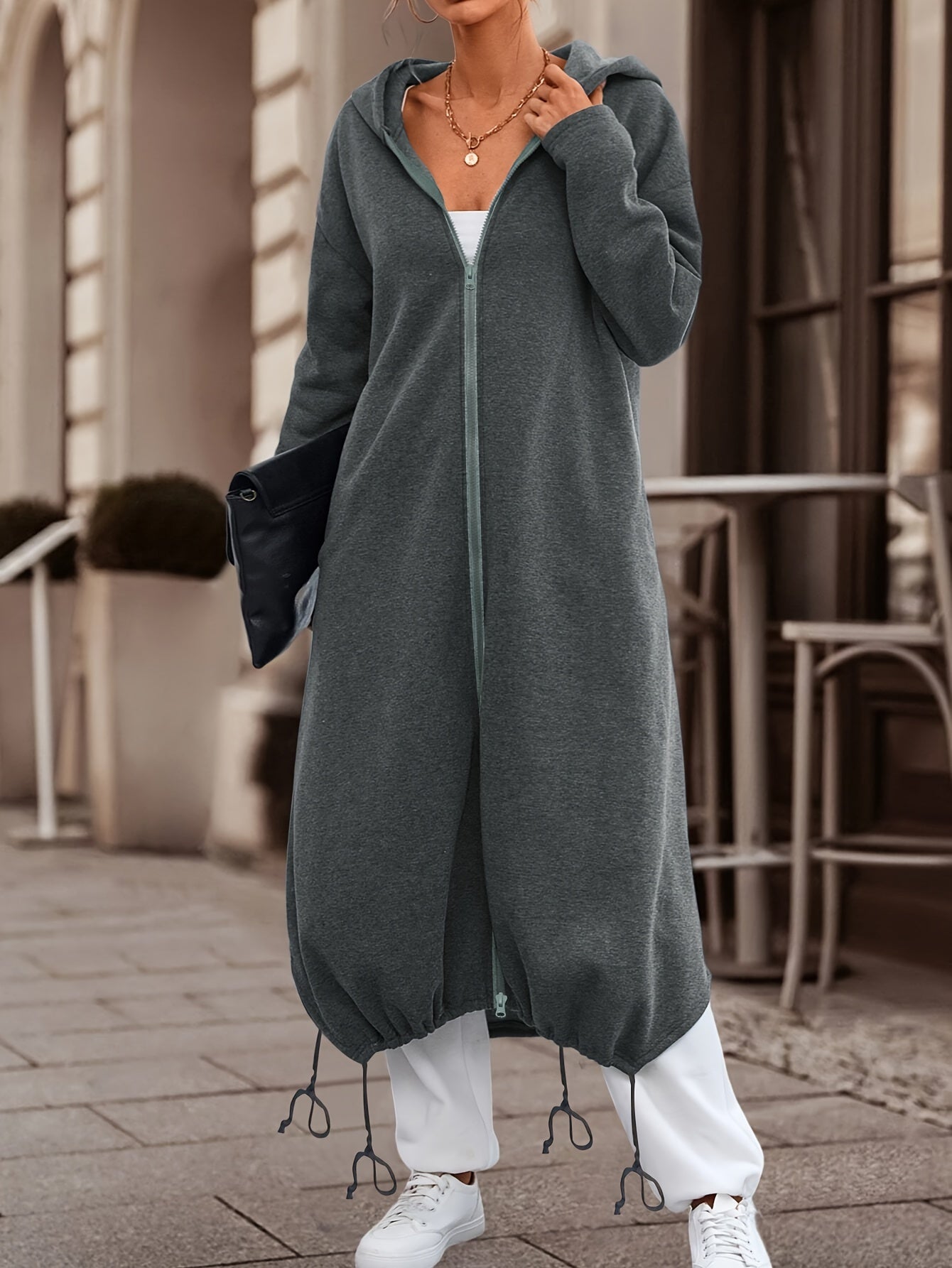 'S Popular Women'S Fashion for Autumn And Winter Features a Stylish, Casual, Solid-Colored, Thick Long Coat with a Zip-Up Hoodie.