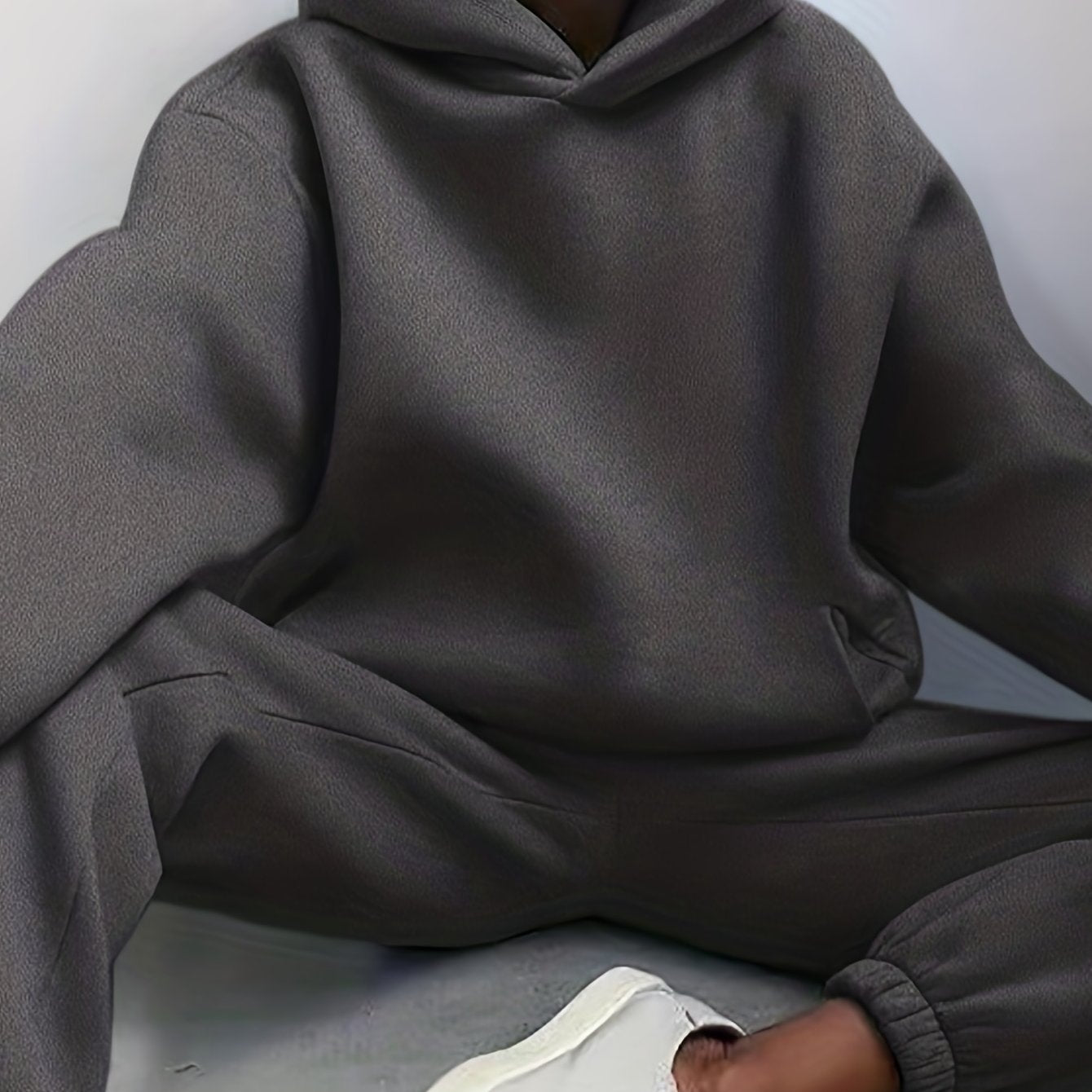 Two-Piece Hooded Set - Soft Polyester Knit Fabric, Drop Shoulder Long Sleeve Hoodie with Pocket, Elastic Waist Jogger Pants for Women, Casual Solid Color Outfit for Fall and Winter Seasons