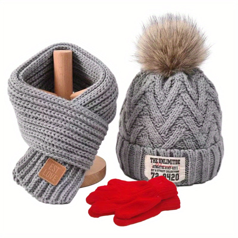 3pcs set of Youngsters's knitted beanie, scarf and gloves with extra fleece for warmth, suitable for autumn and winter seasons
