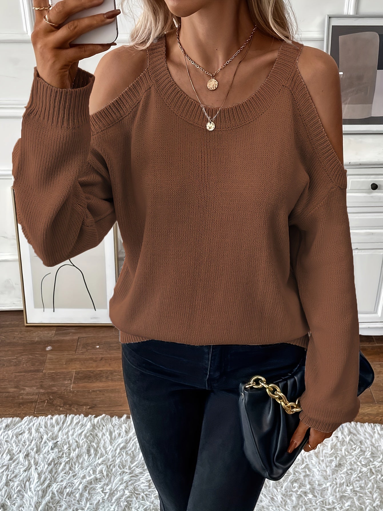 1pc Women'S Knit Pullover Sweater, Round Neck, Shoulder Detail, Solid Color, Acrylic Blend, 277g/m² Fabric Weight, for Autumn/Winter Season