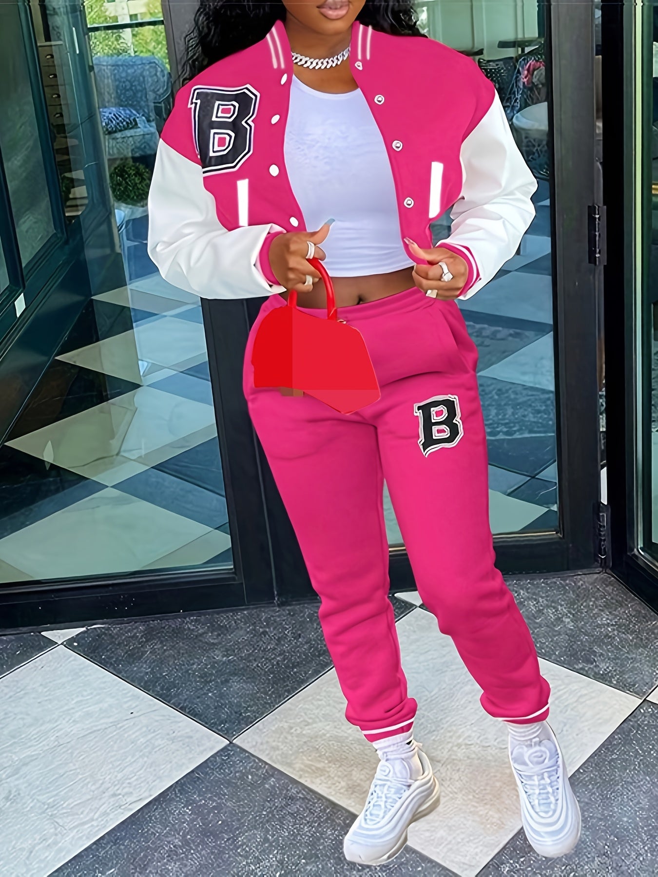 Chic, Women's Casual Letter Print Baseball Jacket and Pants Set - Red and White, Polyester Blend, Machine Washable, Fall/Winter Fashion Ensemble