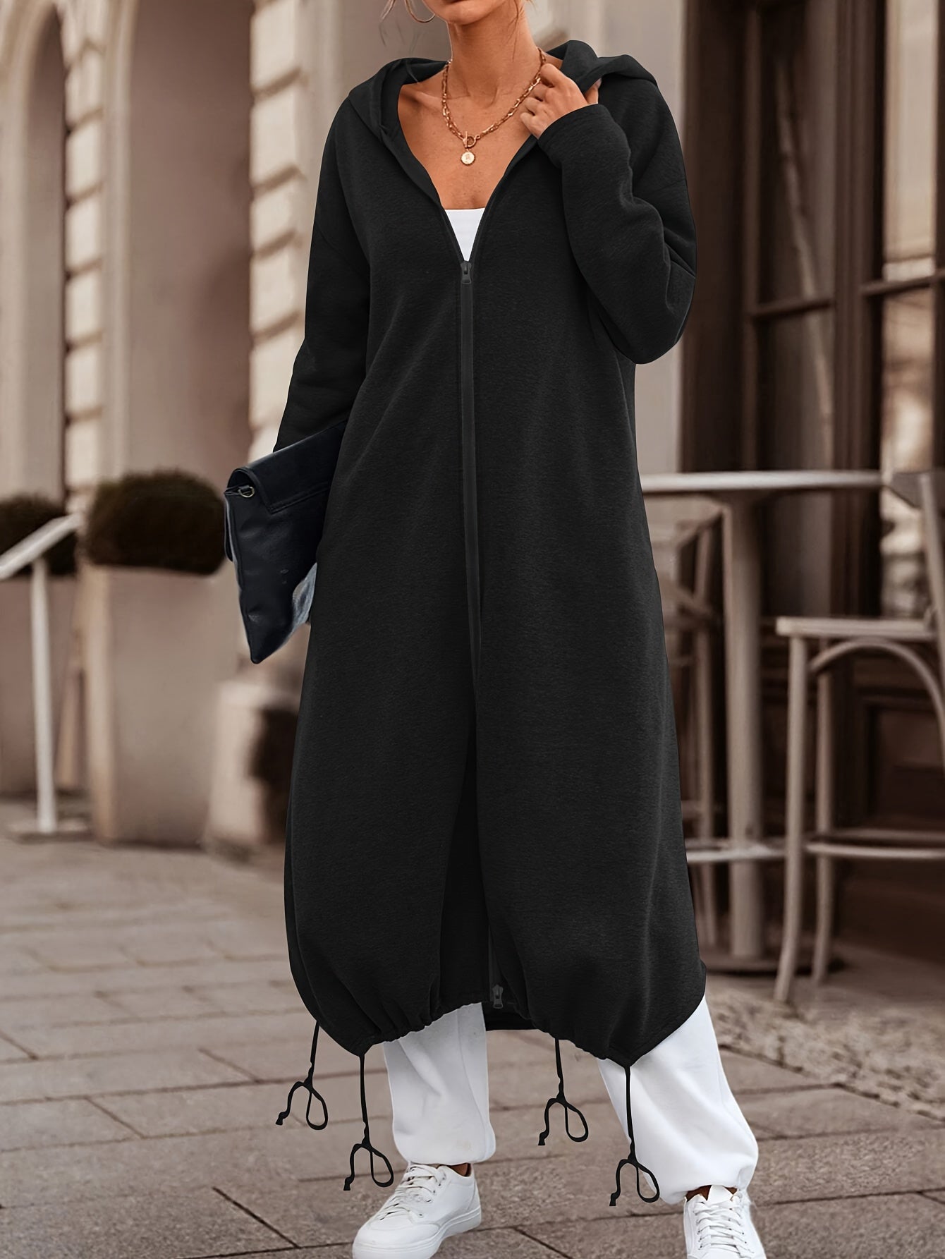 'S Popular Women'S Fashion for Autumn And Winter Features a Stylish, Casual, Solid-Colored, Thick Long Coat with a Zip-Up Hoodie.