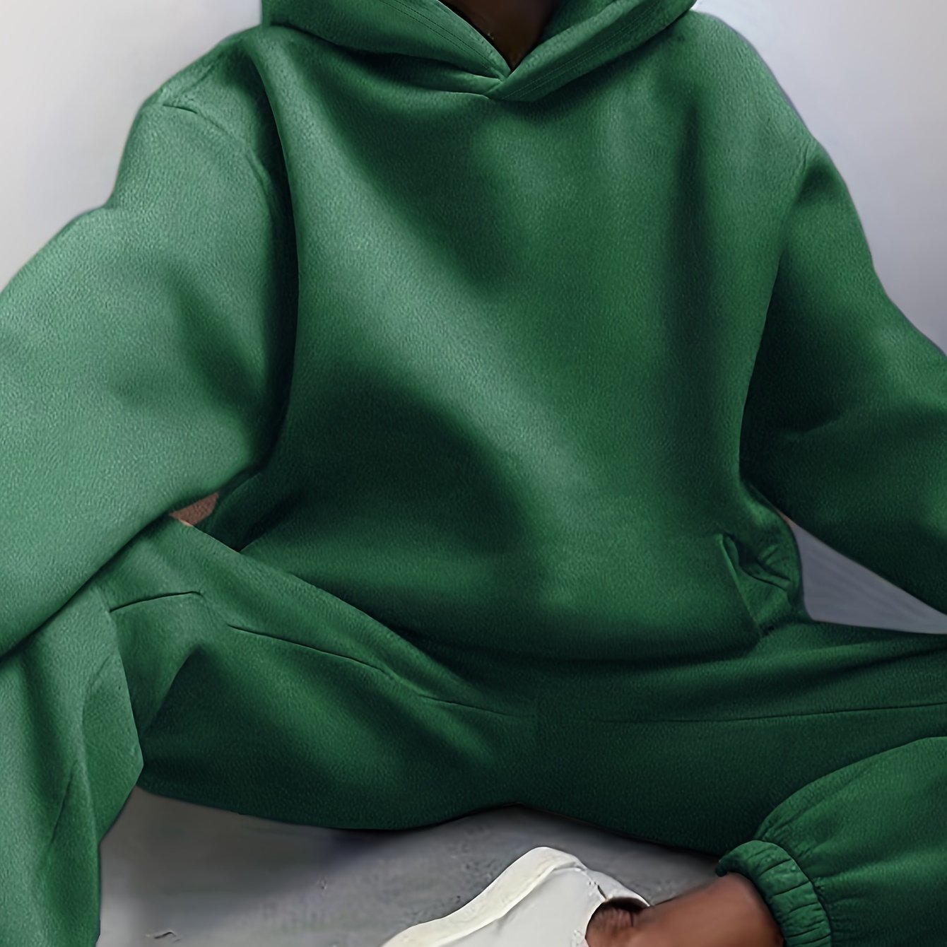 Two-Piece Hooded Set - Soft Polyester Knit Fabric, Drop Shoulder Long Sleeve Hoodie with Pocket, Elastic Waist Jogger Pants for Women, Casual Solid Color Outfit for Fall and Winter Seasons