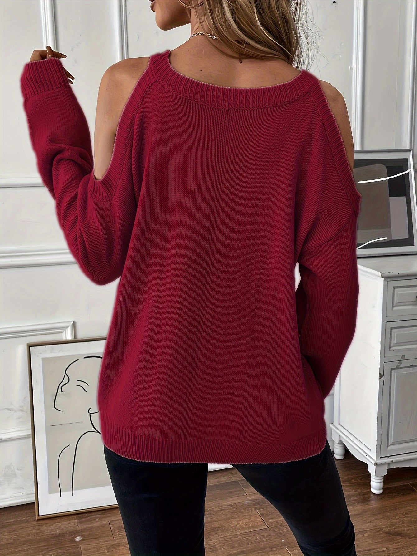 1pc Women'S Knit Pullover Sweater, Round Neck, Shoulder Detail, Solid Color, Acrylic Blend, 277g/m² Fabric Weight, for Autumn/Winter Season