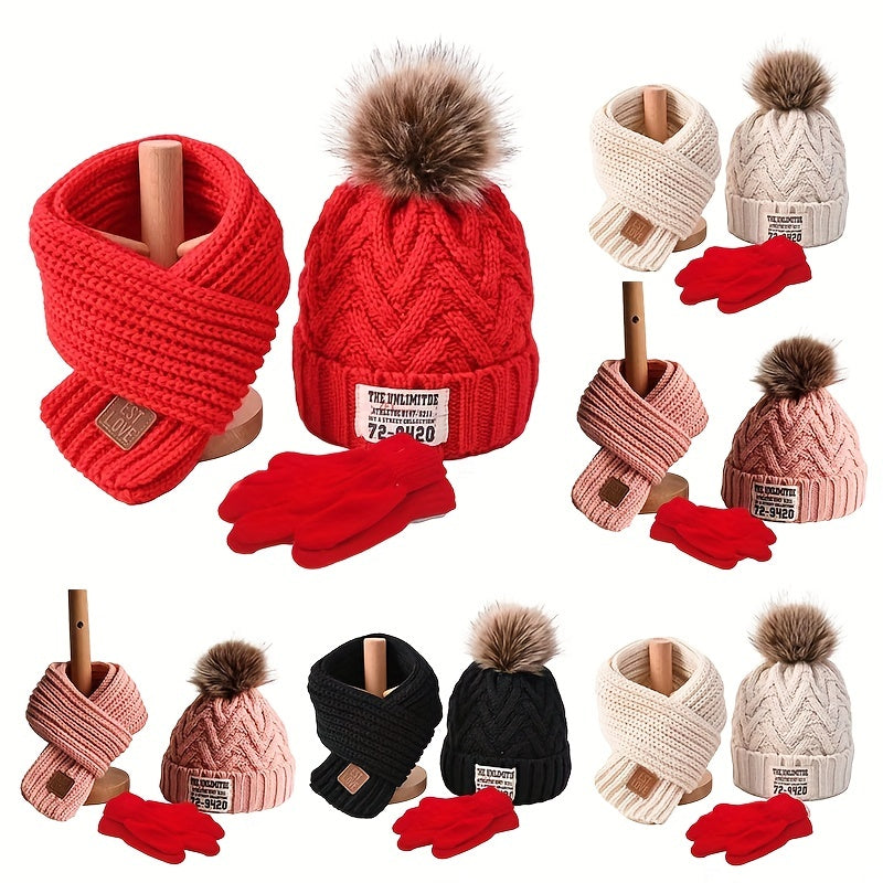 3pcs set of Youngsters's knitted beanie, scarf and gloves with extra fleece for warmth, suitable for autumn and winter seasons