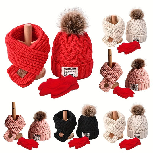 3pcs set of Youngsters's knitted beanie, scarf and gloves with extra fleece for warmth, suitable for autumn and winter seasons