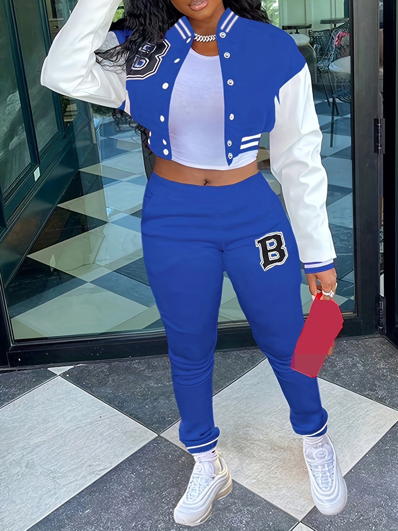 Chic, Women's Casual Letter Print Baseball Jacket and Pants Set - Red and White, Polyester Blend, Machine Washable, Fall/Winter Fashion Ensemble