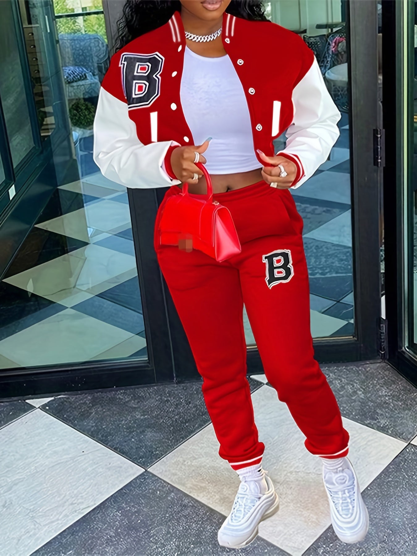 Chic, Women's Casual Letter Print Baseball Jacket and Pants Set - Red and White, Polyester Blend, Machine Washable, Fall/Winter Fashion Ensemble