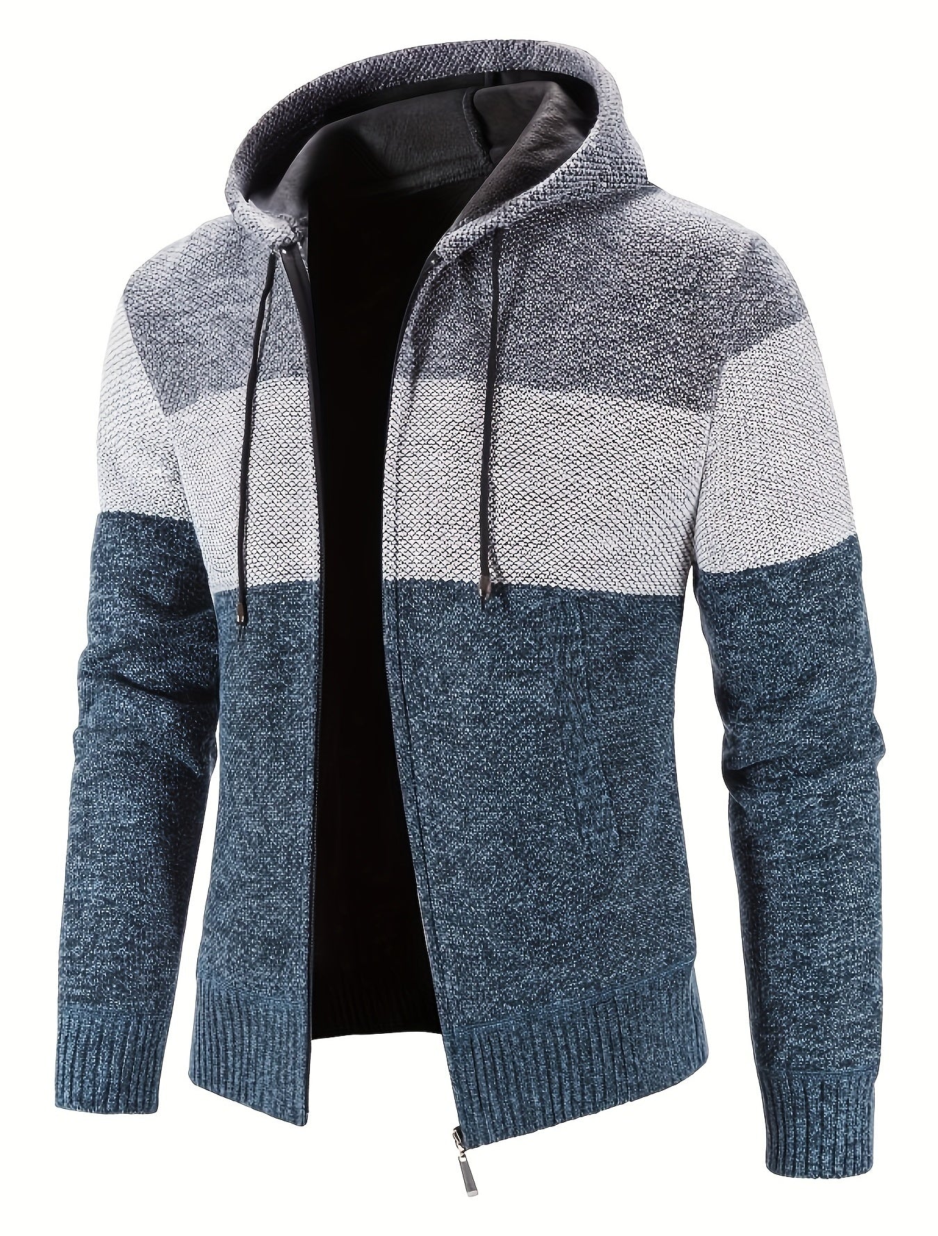 Warm Zip Up Hooded Fleece Jacket Sweater, Men's Casual Slightly Stretch Color Block Cardigan For Fall Winter