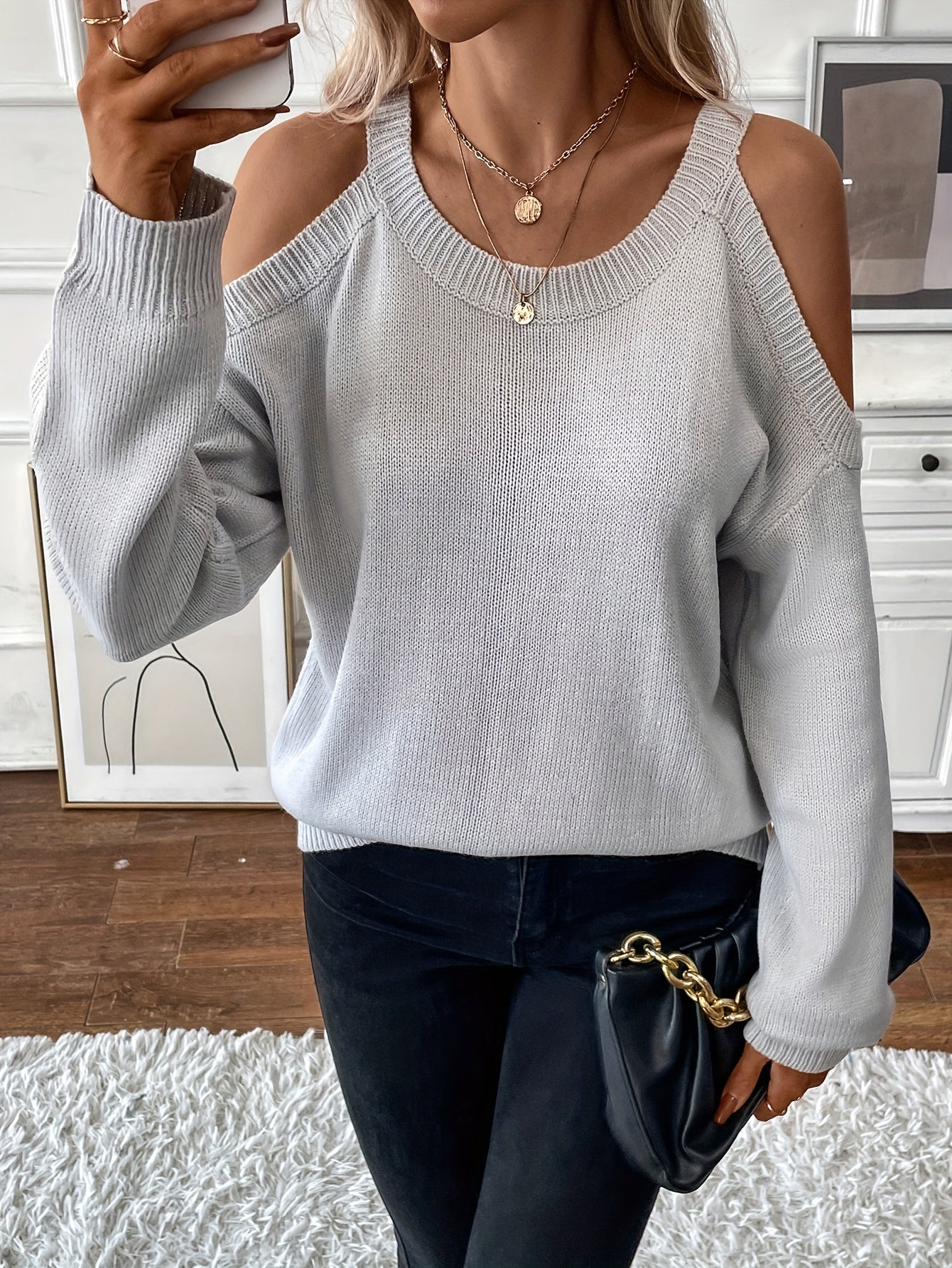 1pc Women'S Knit Pullover Sweater, Round Neck, Shoulder Detail, Solid Color, Acrylic Blend, 277g/m² Fabric Weight, for Autumn/Winter Season