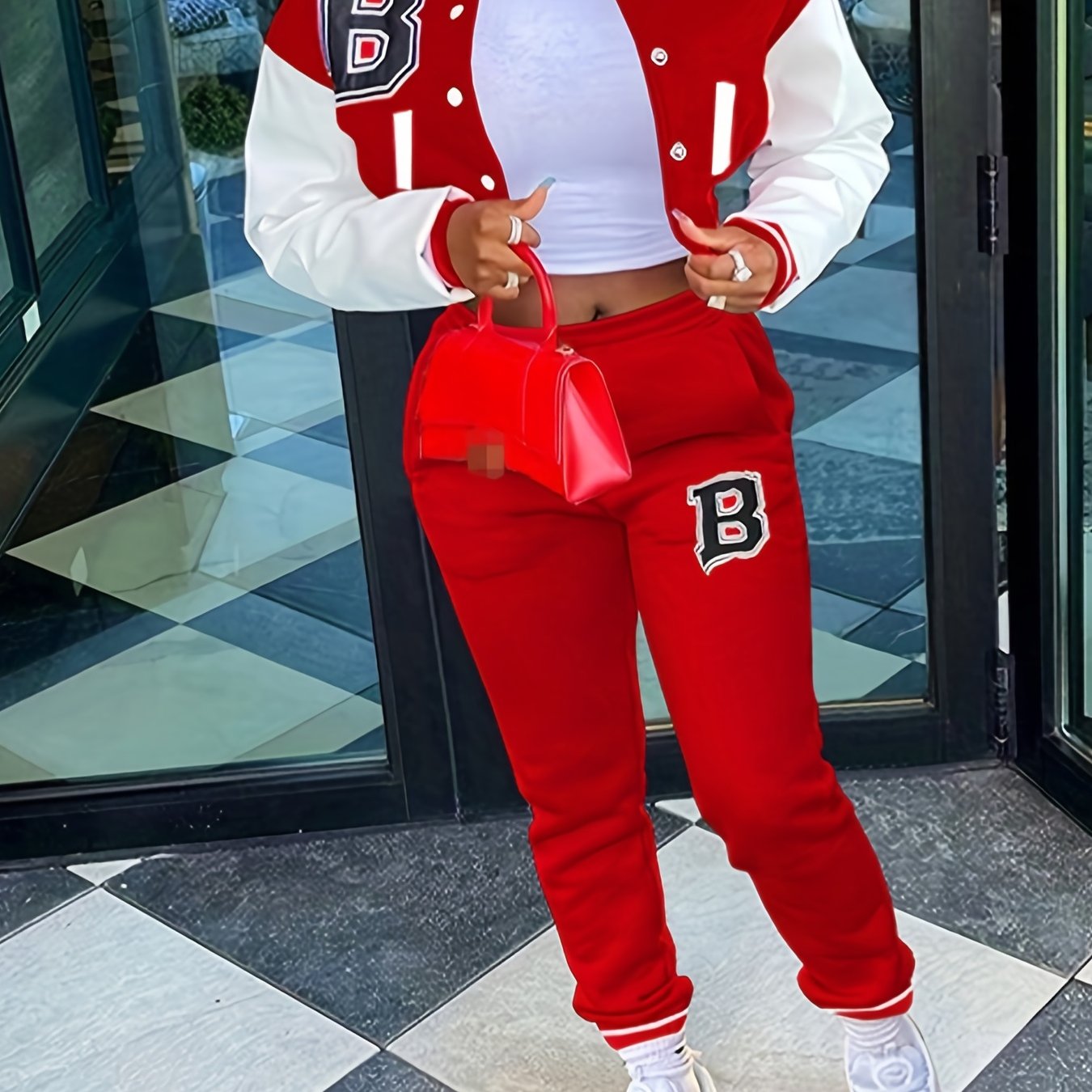 Chic, Women's Casual Letter Print Baseball Jacket and Pants Set - Red and White, Polyester Blend, Machine Washable, Fall/Winter Fashion Ensemble
