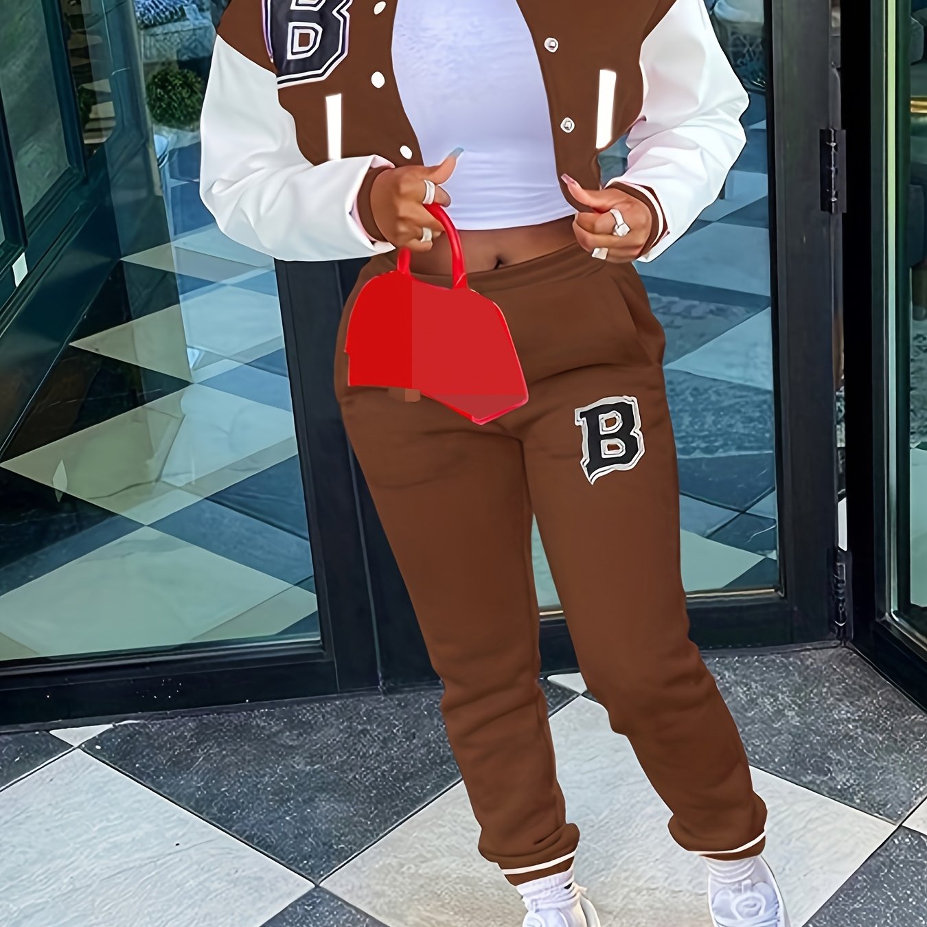 Chic, Women's Casual Letter Print Baseball Jacket and Pants Set - Red and White, Polyester Blend, Machine Washable, Fall/Winter Fashion Ensemble