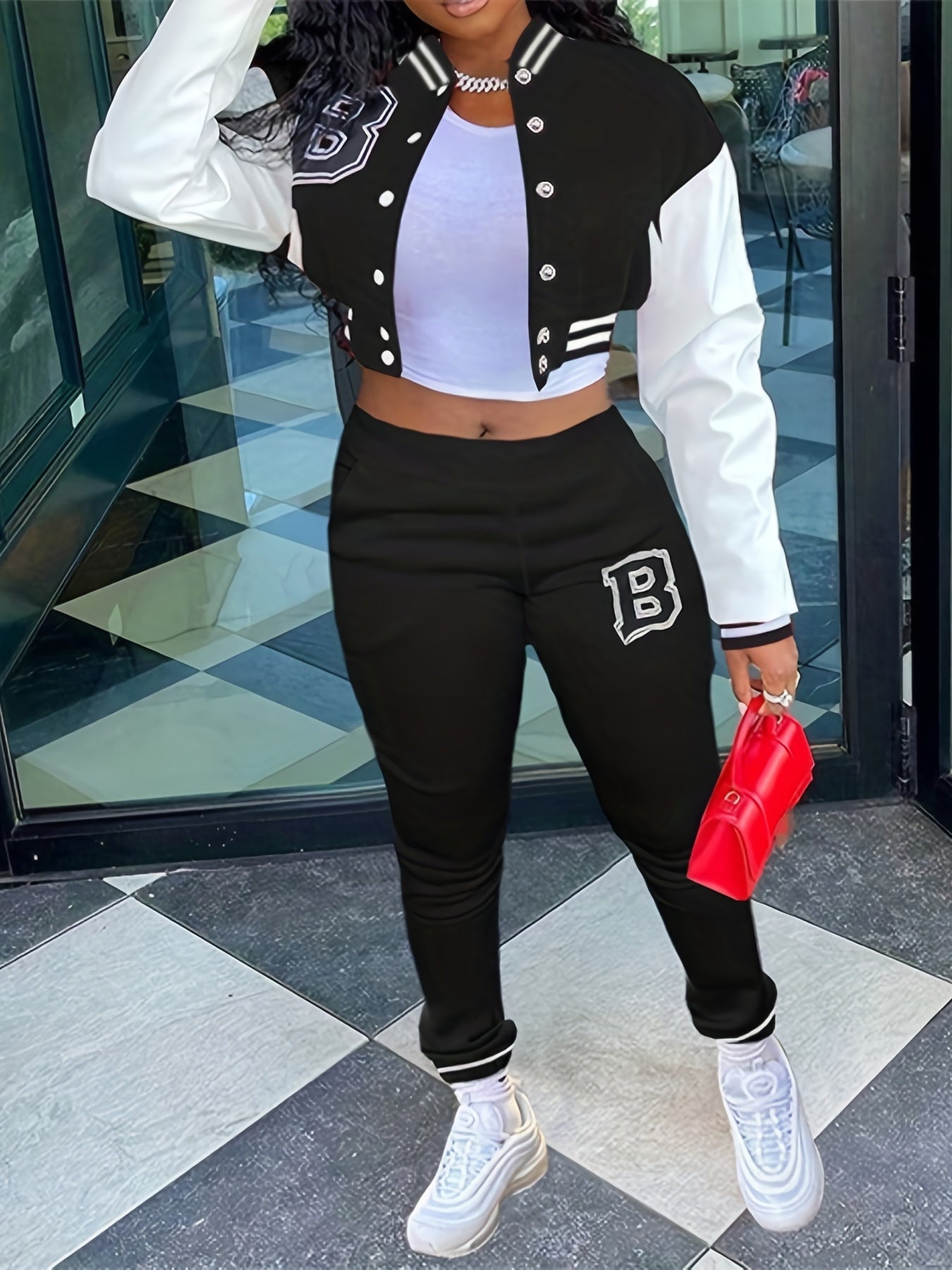 Chic, Women's Casual Letter Print Baseball Jacket and Pants Set - Red and White, Polyester Blend, Machine Washable, Fall/Winter Fashion Ensemble