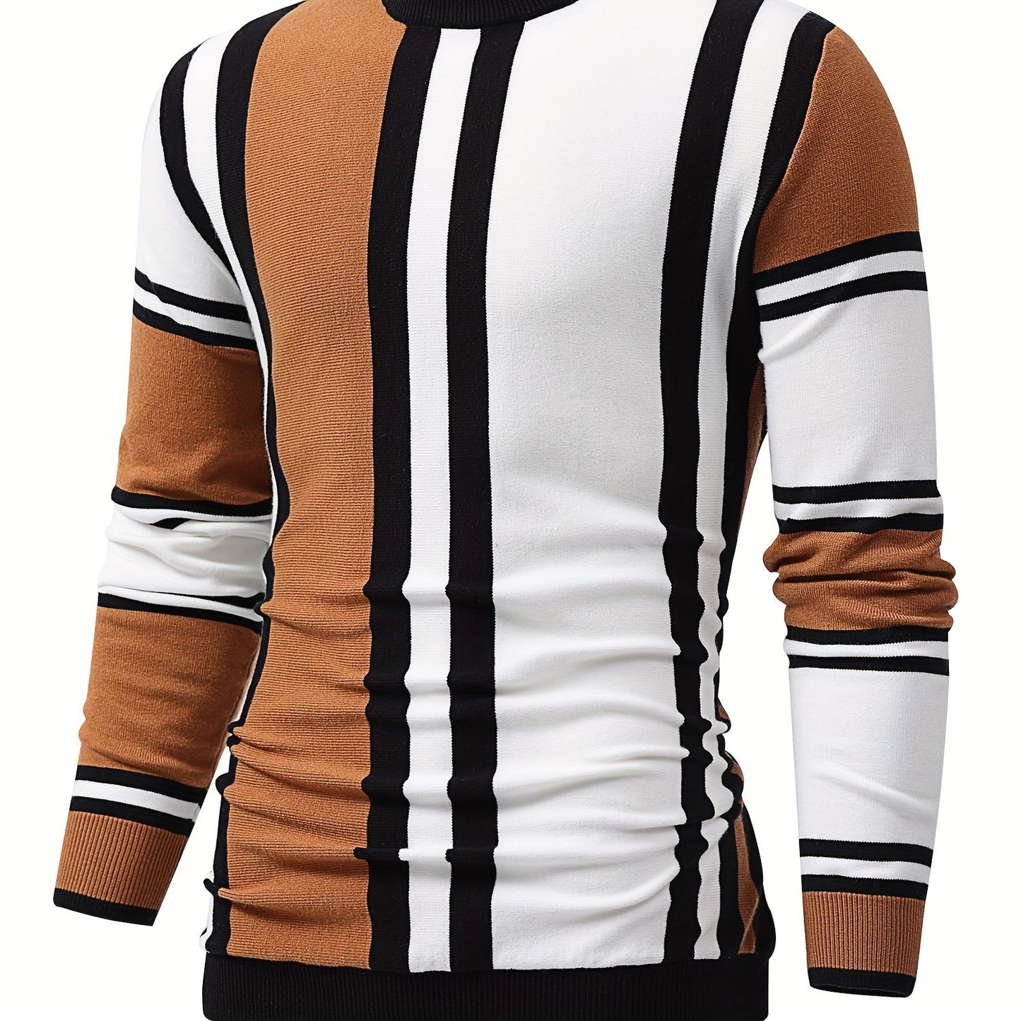 Color Block Design Chic Sweater, Men's Casual Warm High Stretch Crew Neck Pullover Sweater For Fall Winter