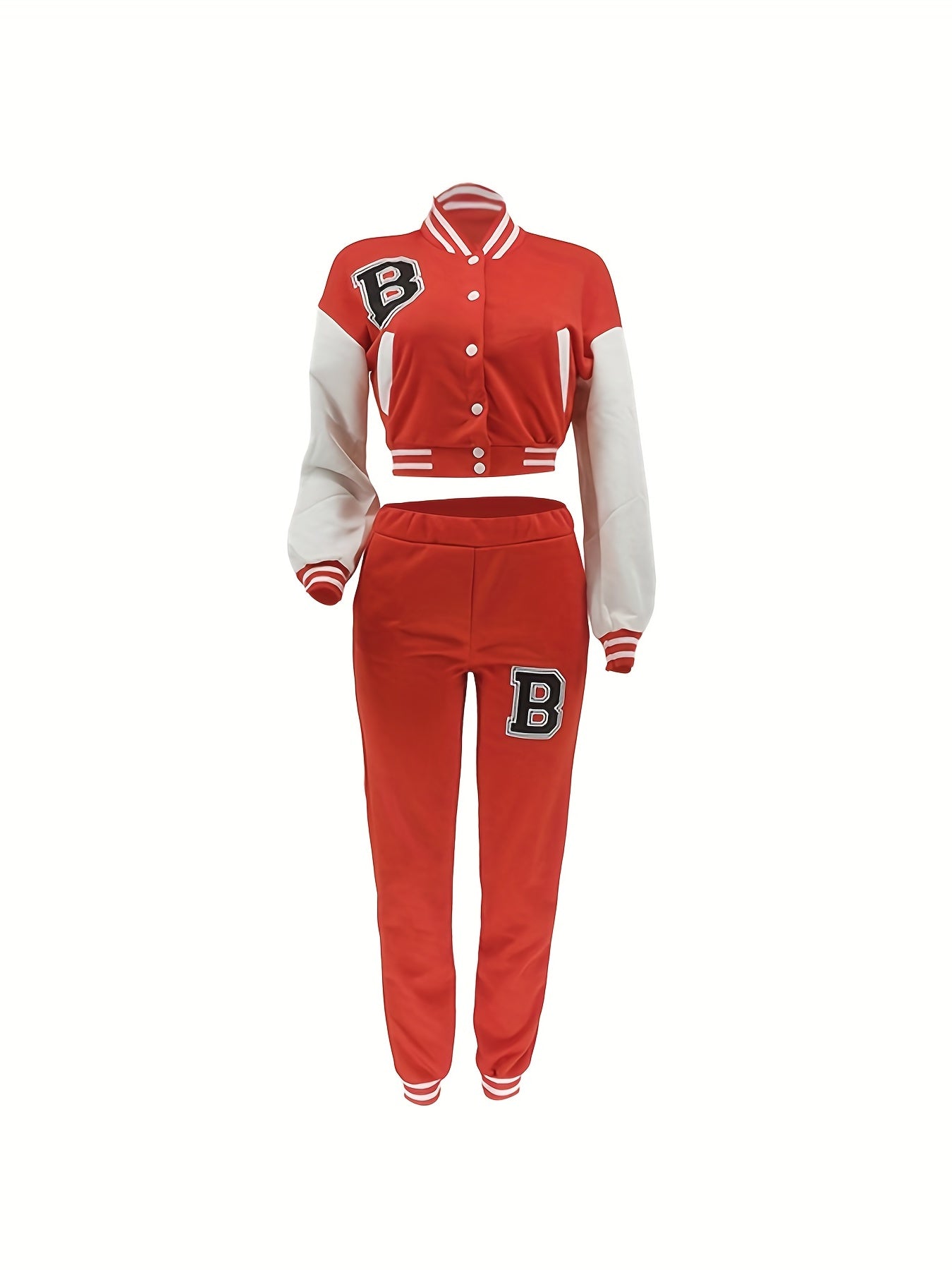 Chic, Women's Casual Letter Print Baseball Jacket and Pants Set - Red and White, Polyester Blend, Machine Washable, Fall/Winter Fashion Ensemble